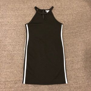 black high neck dress with stripes